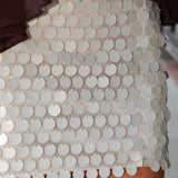 A close-up of a white beige sequined mini skirt covered in overlapping round silver discs, worn with a dark sheer top.