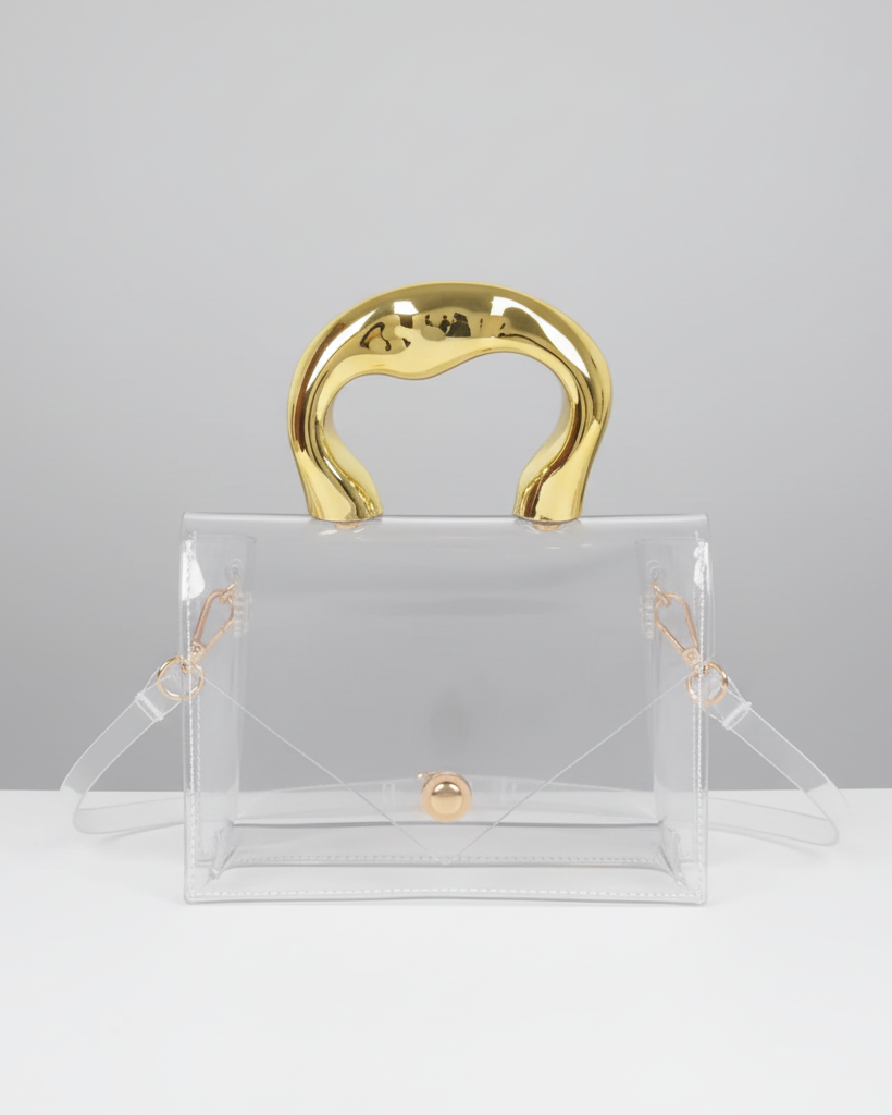 A clear transparent handbag with a glossy gold top handle, gold hardware, and a matching clear detachable shoulder strap, photographed against a black and white studio background.