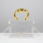 A clear transparent handbag with a glossy gold top handle, gold hardware, and a matching clear detachable shoulder strap, photographed against a black and white studio background.