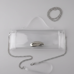 A clear vinyl handbag with a silver chain strap and a metallic silver clasp, displayed on a white surface against a black background.