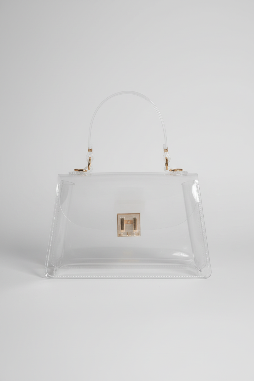 A clear vinyl handbag with a semi-translucent handle, gold-tone hardware, and a small gold clasp on the front, set against a dark gray background.