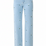 Light blue denim jeans with small embroidered white flowers and green stems scattered across the front, shown on a plain white background.