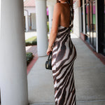 Animal Stripe Mesh Halter Maxi Dress w/ Gold Hardware - Ivory Brown