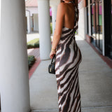Animal Stripe Mesh Halter Maxi Dress w/ Gold Hardware - Ivory Brown