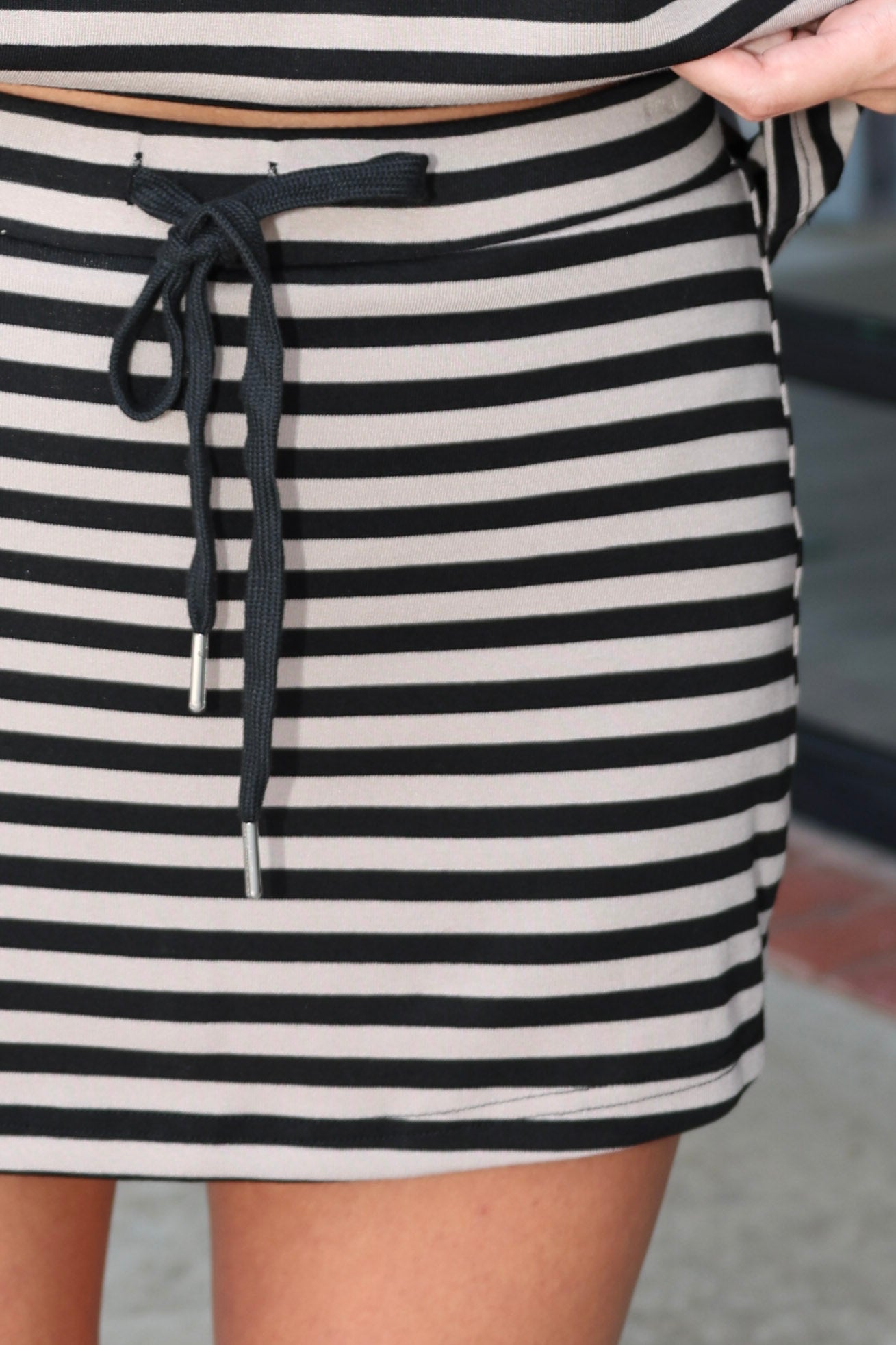 Stripe Skirt Matching Skirt Set.  black and beige horizontally striped short-sleeve matching set at Rodeo Boutique