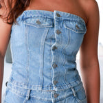 Denim Button Down Top and Micro Short with Button Detail Set - Medium Wash Denim