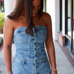 Denim Button Down Top and Micro Short with Button Detail Set - Medium Wash Denim