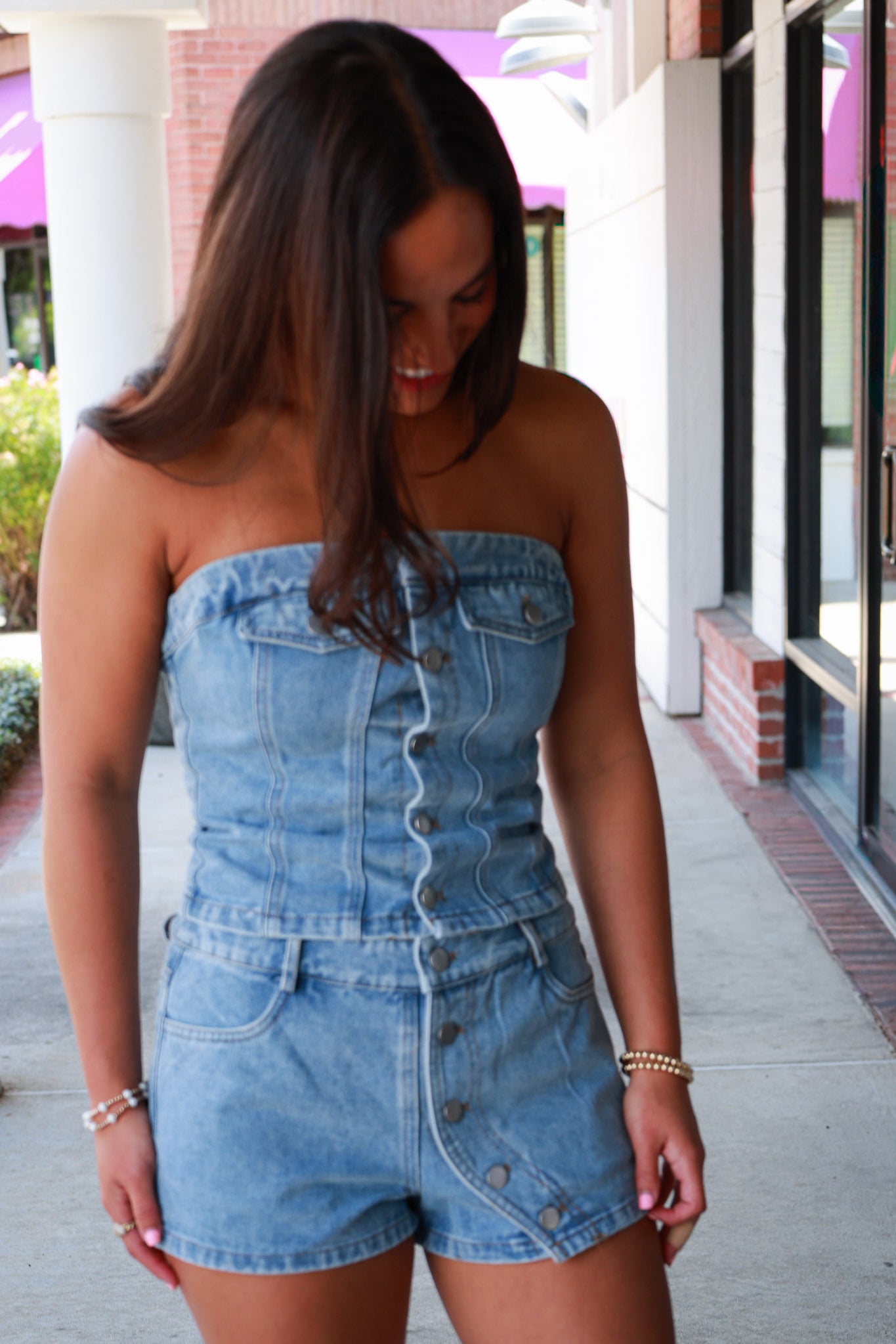 Denim Button Down Top and Micro Short with Button Detail Set - Medium Wash Denim